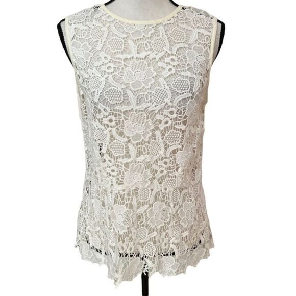 CABI Style 800 Needle Lace Cotton Round Neck White Blouse Women's Size M - Picture 1 of 6